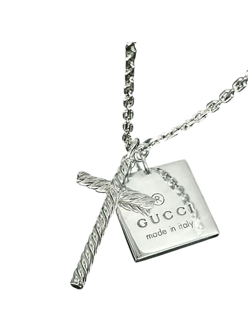 NEW GUCCI Cross and Square Tag Necklace - Gucci 925 Silver Double Pendant - Picture 8 of 9